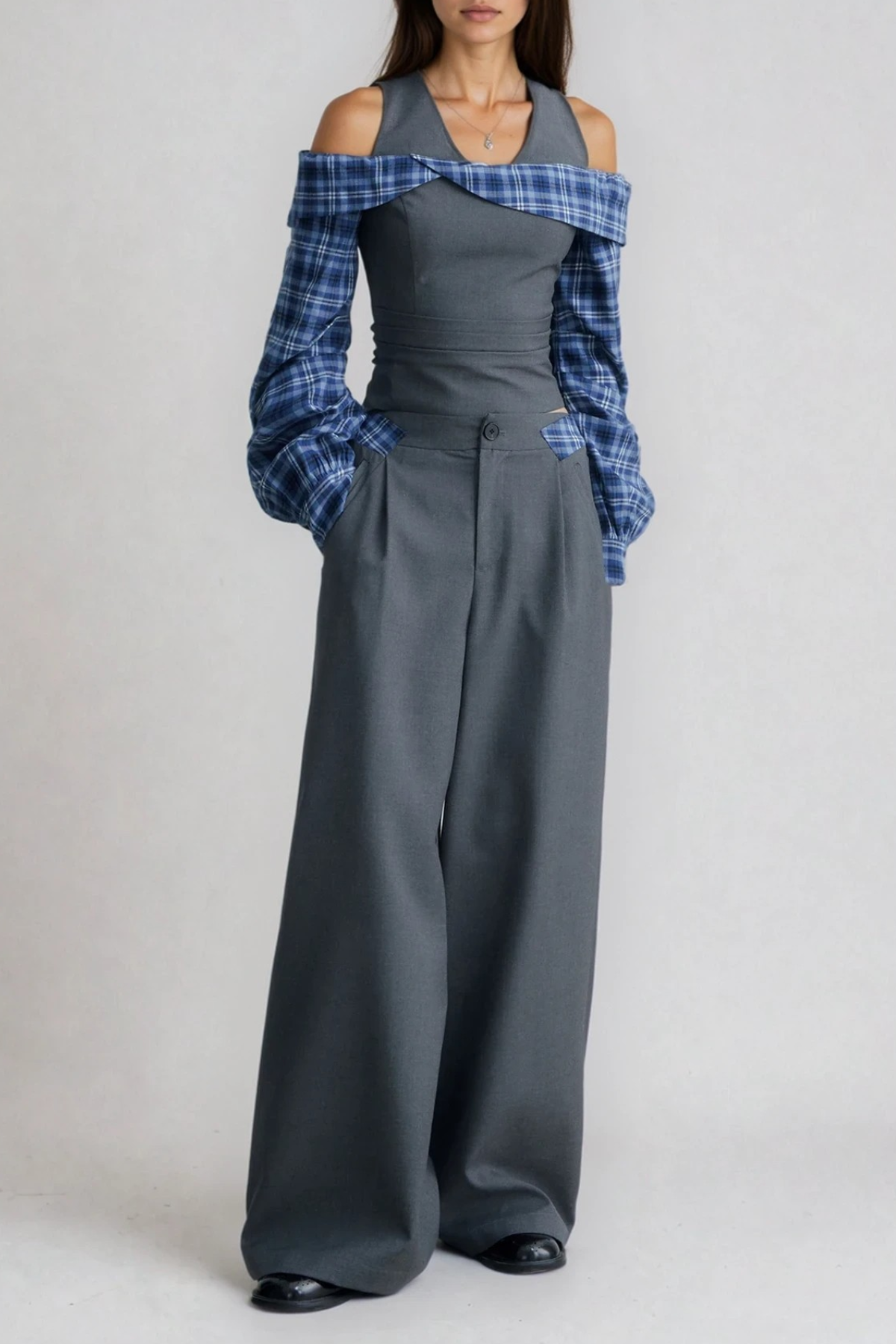 lorraine Halter Neck Grid Pants Set