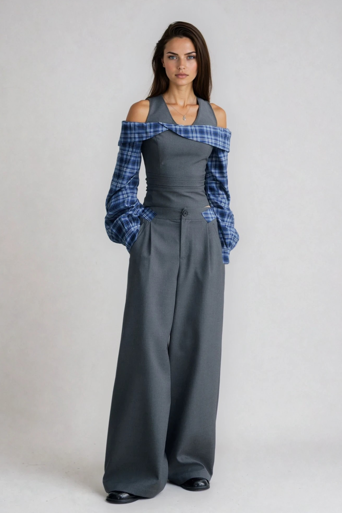 lorraine Halter Neck Grid Pants Set