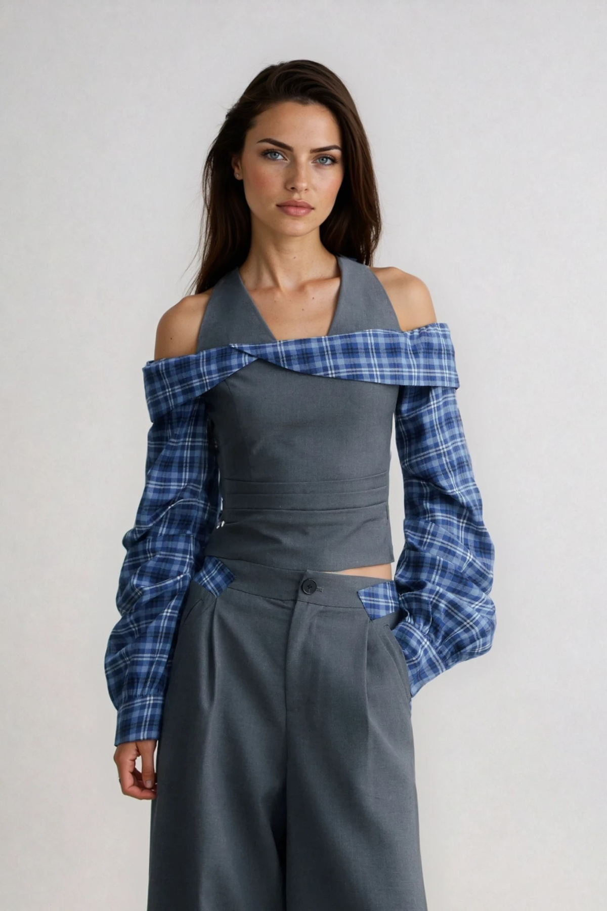 lorraine Halter Neck Grid Pants Set