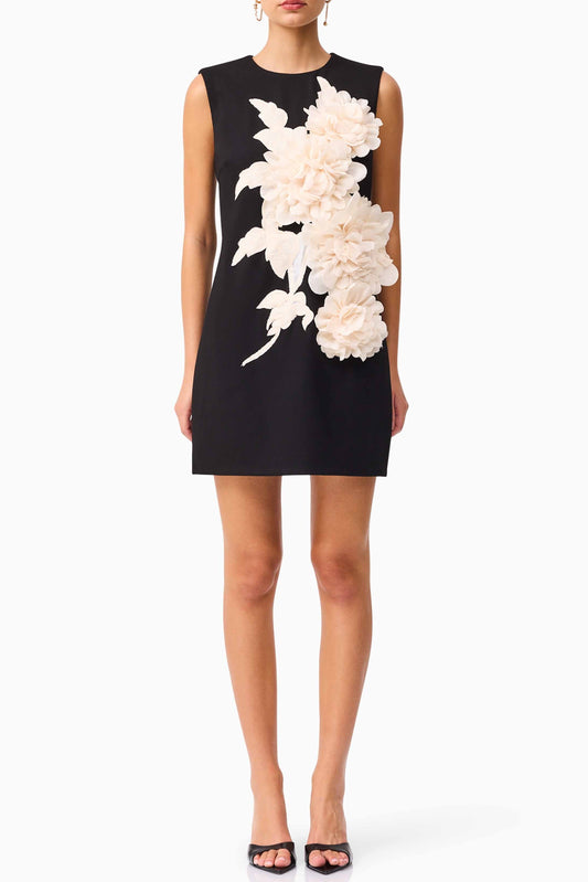 Ellalabel elizabeth 3d flower embellished Mini Dress in Black in Black - Crafted from High-quality Fabrication- Best for Cocktail Parties and Night Out.