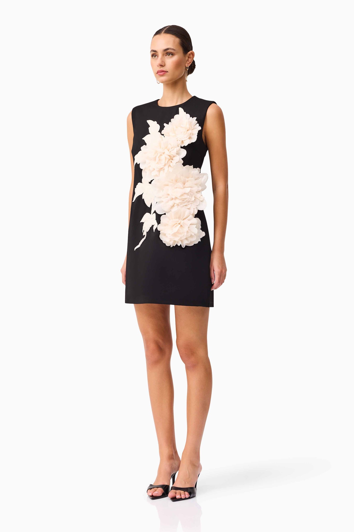 elizabeth 3d flower embellished Mini Dress in Black