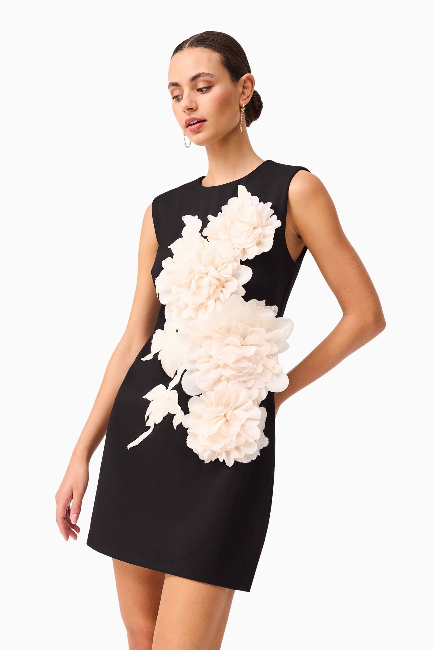 elizabeth 3d flower embellished Mini Dress in Black