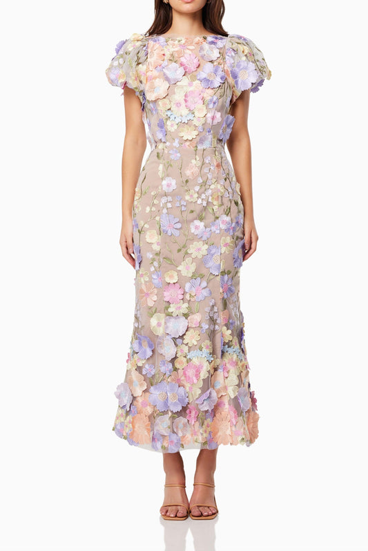 Ellalabel madeline 3D Lace Maxi Dress In Purple in PURPLE - Crafted from Intricate Lace Fabrication- Ideal for Wedding Guest and Formal Galas.