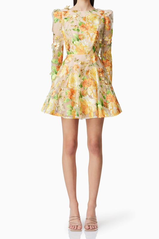 Ellalabel Aella A-Line floral embroidery Mini Dress in Yellow - Crafted from High-quality Fabrication- Best for Cocktail Parties and Night Out.