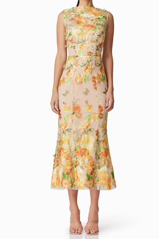 Ellalabel elsie 3d floral embroidered midi dress in yellow - Crafted from High-quality Fabrication- Perfect for Garden Parties and Resort Wear.