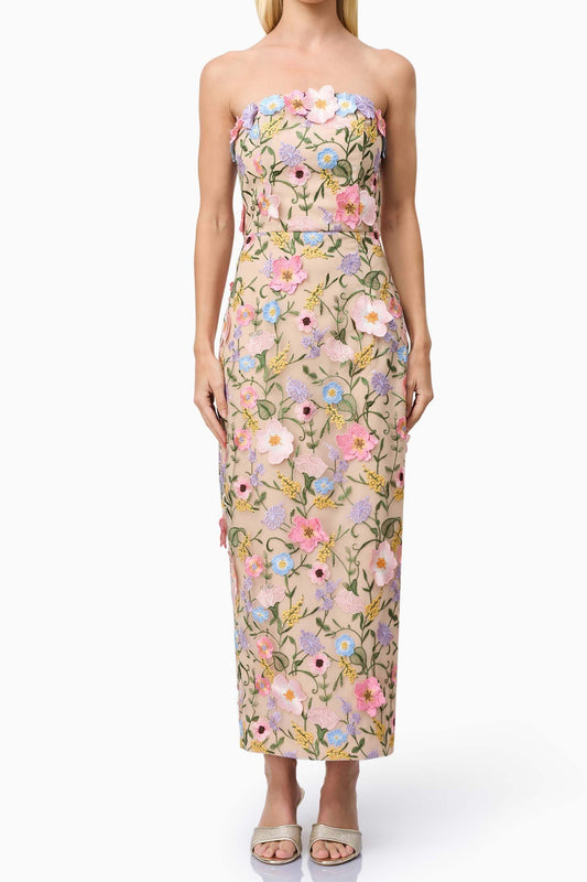Ellalabel Helena Strapless Midi Dress In Floral apricot - Crafted from High-quality Fabrication- Perfect for Garden Parties and Resort Wear.