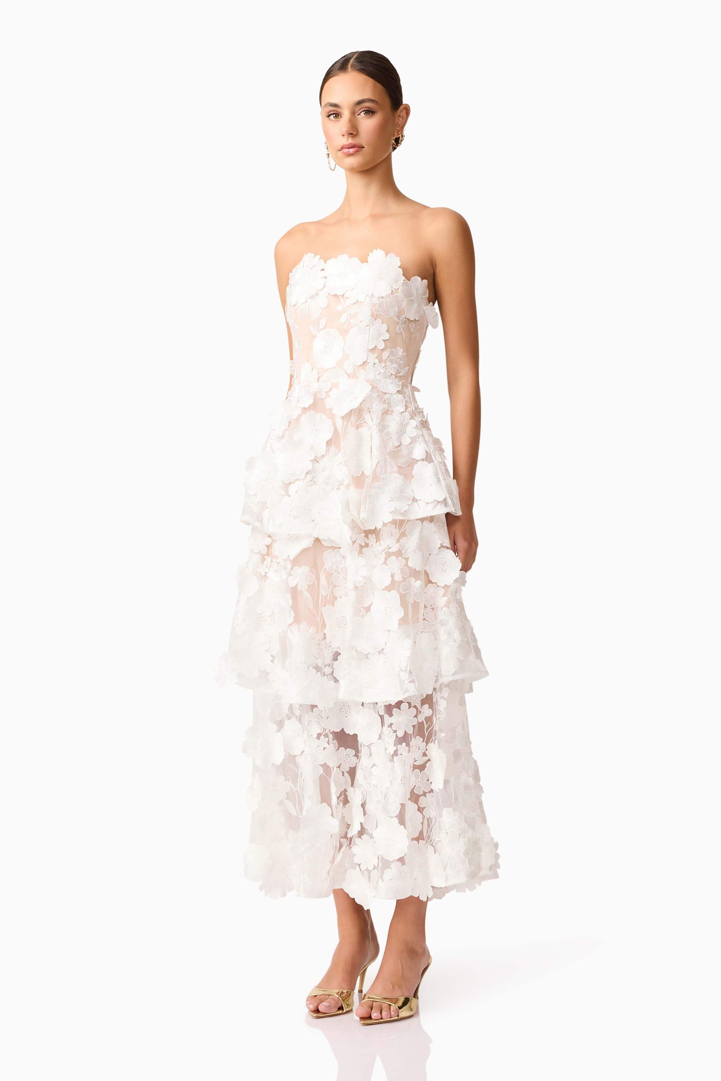 Shop  red dress - Perfect for special occasions | Selene 3D flower Tiered Maxi Dress In White