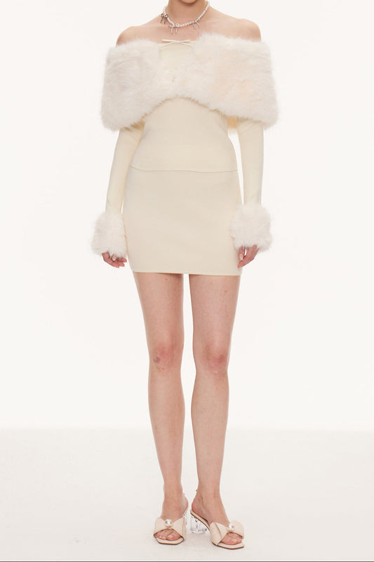 Ellalabel theresa beige Off Shoulder Faux Fur Skirt Set - Crafted from High-quality Fabrication - Designed for Elegant Occasions.