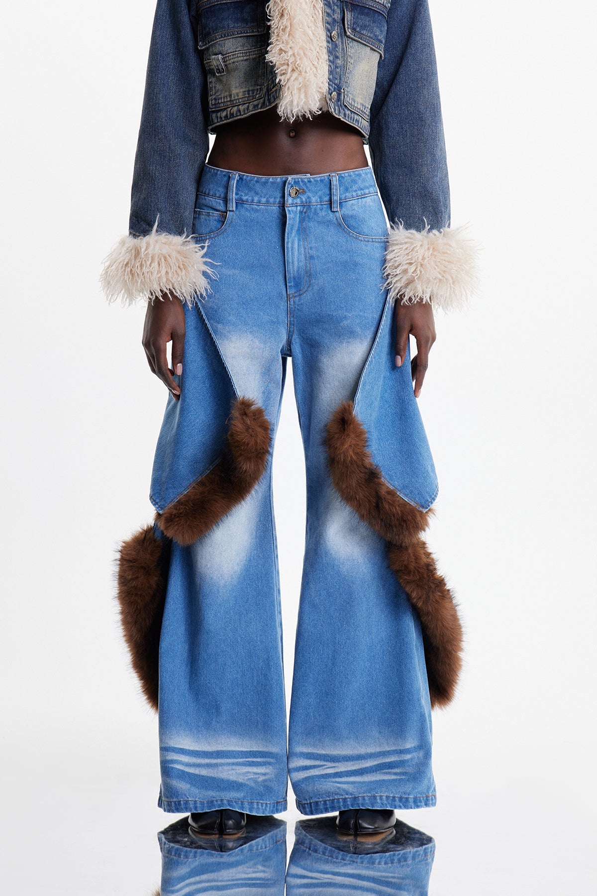 martha Deconstruct Faux Fur Wide Leg Jeans