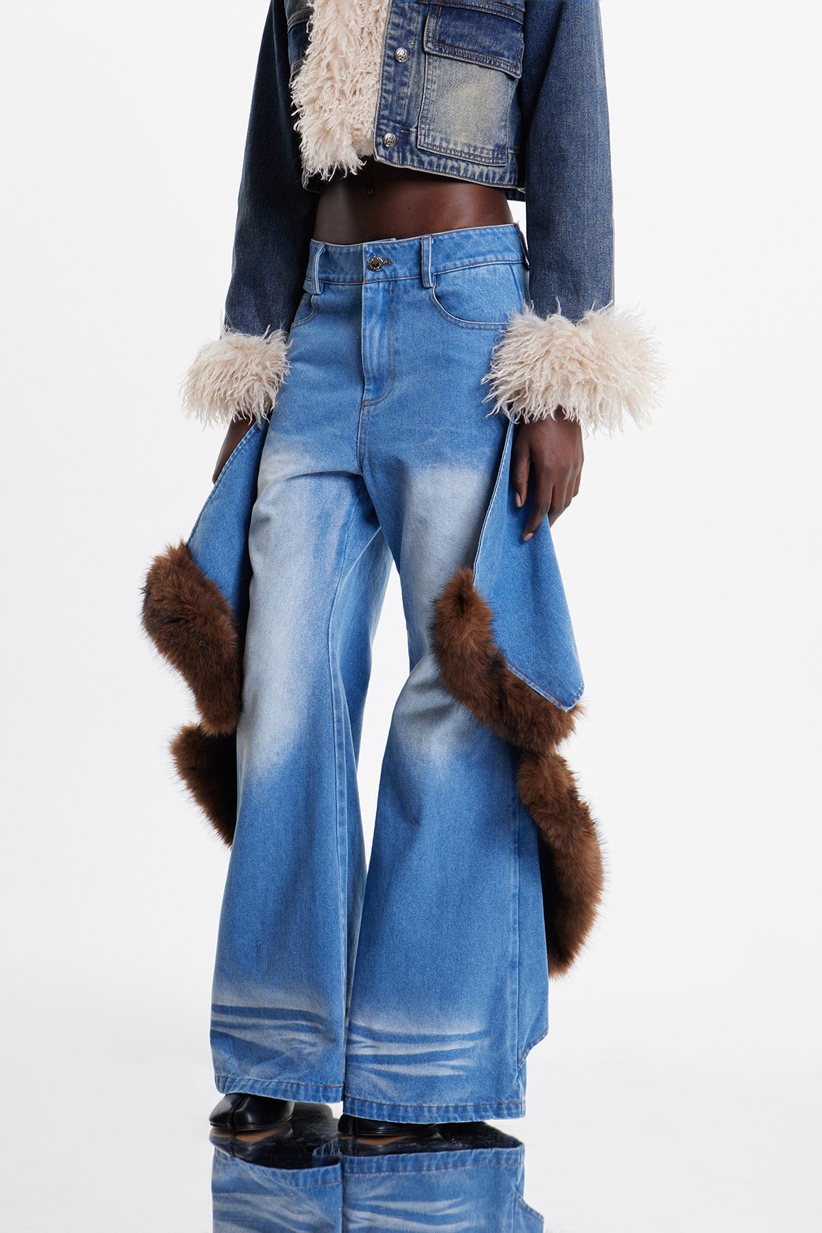 martha Deconstruct Faux Fur Wide Leg Jeans