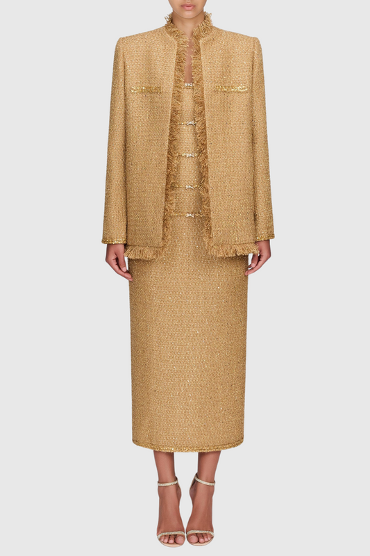 Ellalabel Elborno Gold Sequin Embellished Jacket - Crafted from Shimmering Hand-stitched Sequins - Designed for Elegant Occasions.