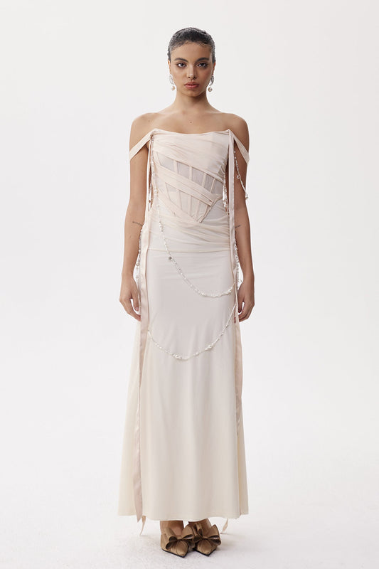 Ellalabel valerie Corset Pearl Chain Maxi Dress - Crafted from High-quality Fabrication- Ideal for Wedding Guest and Formal Galas.