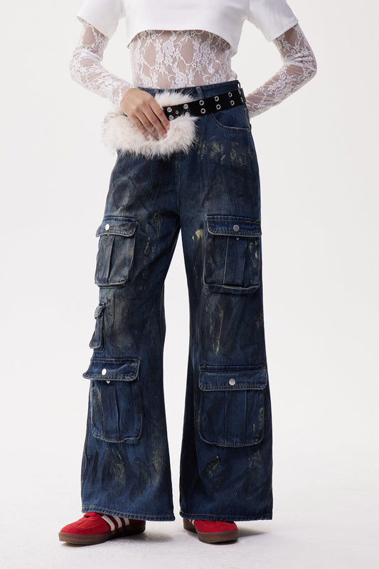Ellalabel victoria Faux Fur Cargo Dark Wash Jeans - Crafted from High-quality Fabrication - Designed for Elegant Occasions.
