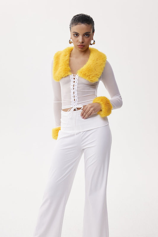 Ellalabel vivien Faux Fur Lace Up Top - Crafted from Intricate Lace Fabrication - Designed for Elegant Occasions.