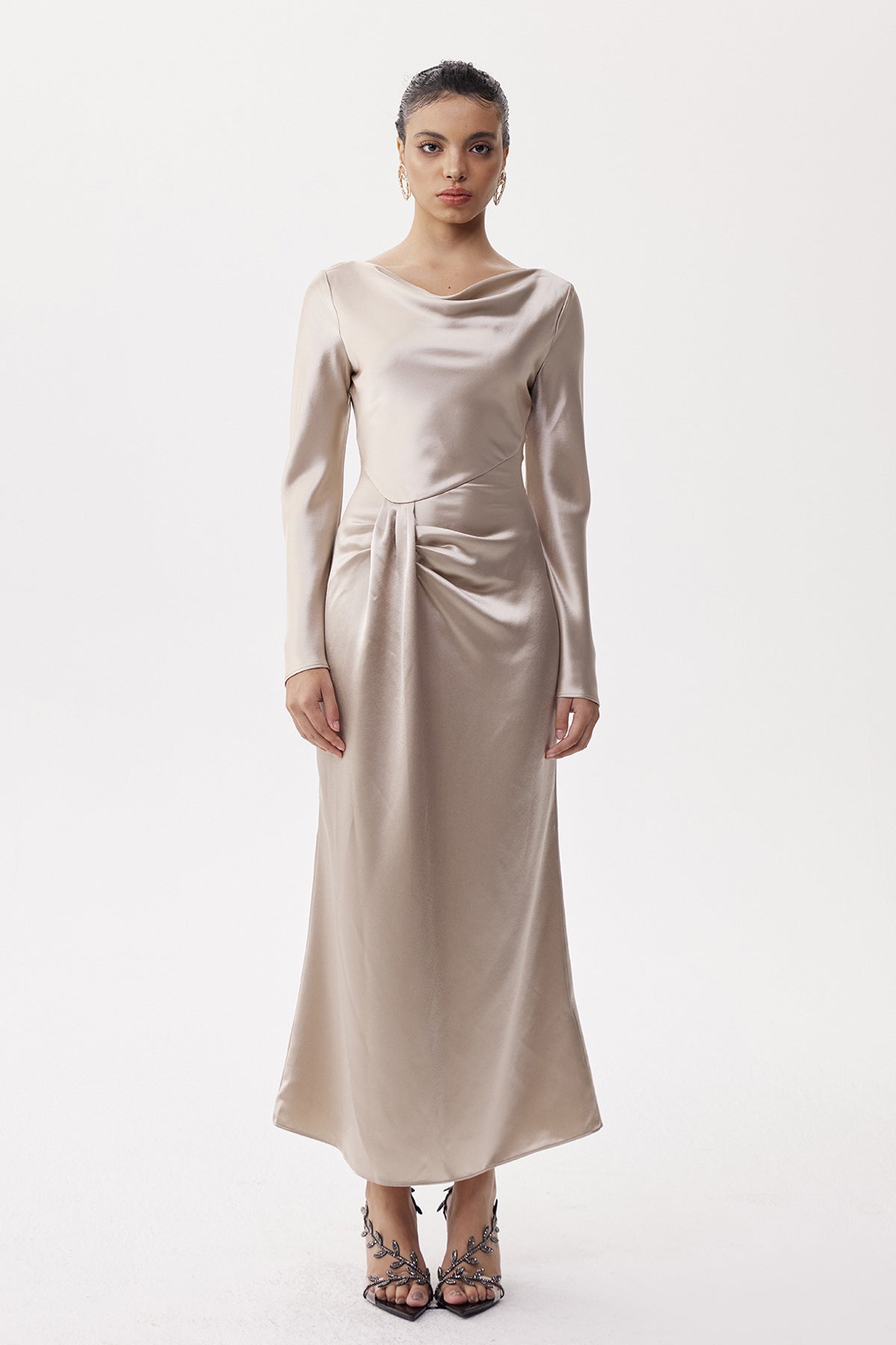 annabelle Asymmetric Ruch Satin Maxi Dress