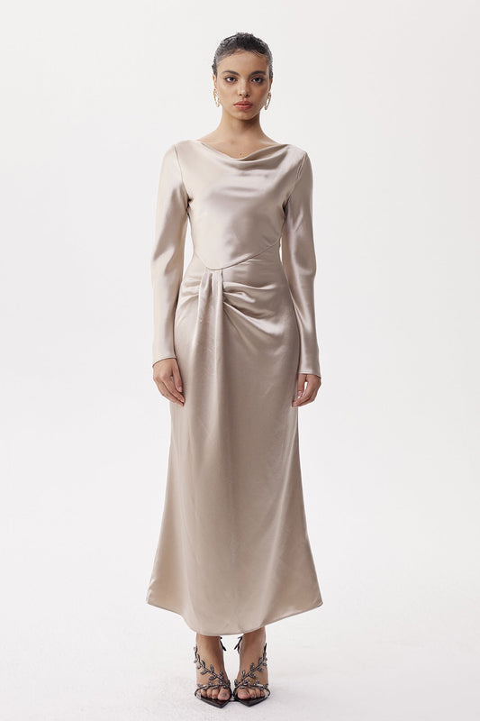 Ellalabel annabelle Asymmetric Ruch Satin Maxi Dress - Crafted from Glossy Silk Satin- Ideal for Wedding Guest and Formal Galas.
