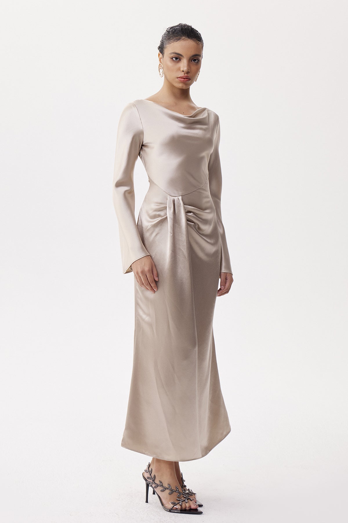 annabelle Asymmetric Ruch Satin Maxi Dress