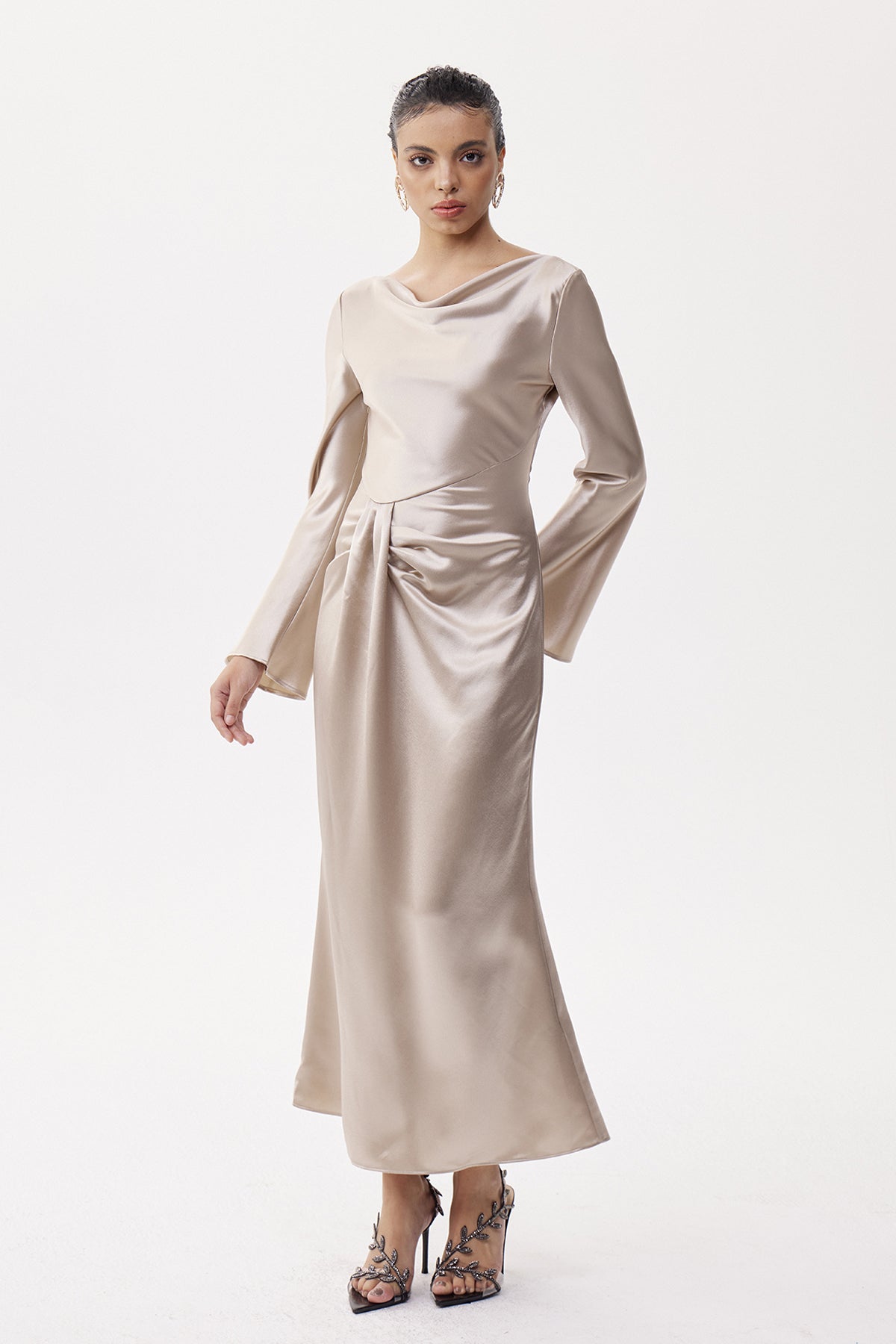 annabelle Asymmetric Ruch Satin Maxi Dress