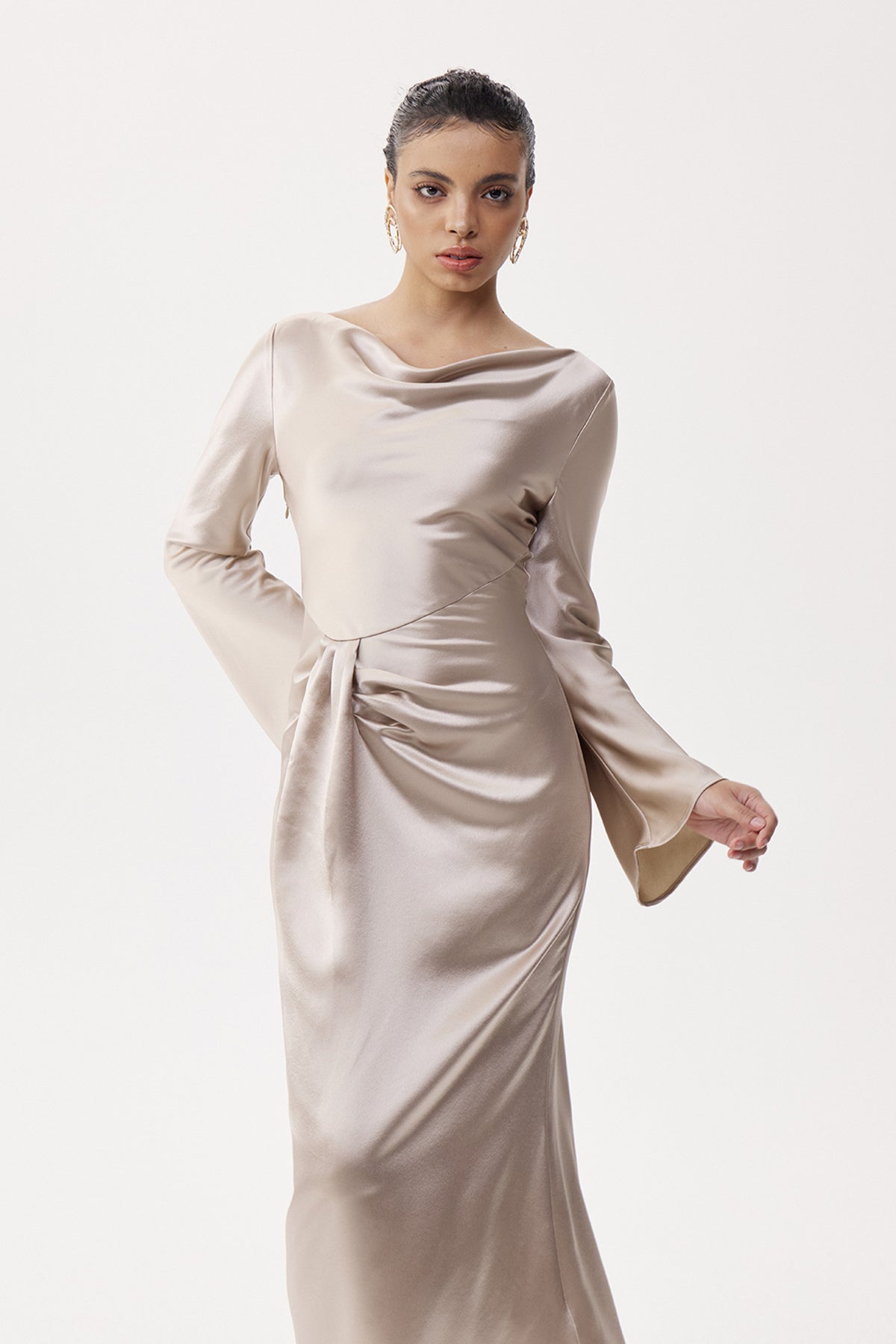 annabelle Asymmetric Ruch Satin Maxi Dress