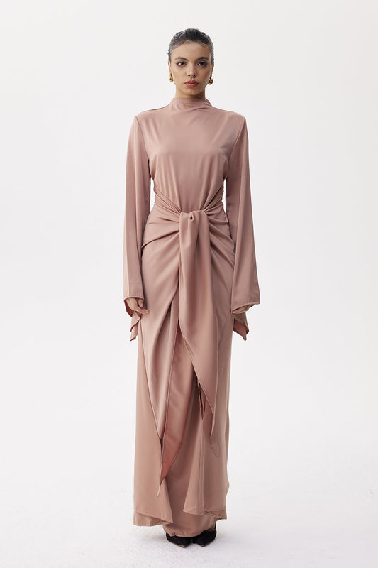 Ellalabel elvira Tie Up Satin Maxi Dress - Crafted from Glossy Silk Satin- Ideal for Wedding Guest and Formal Galas.