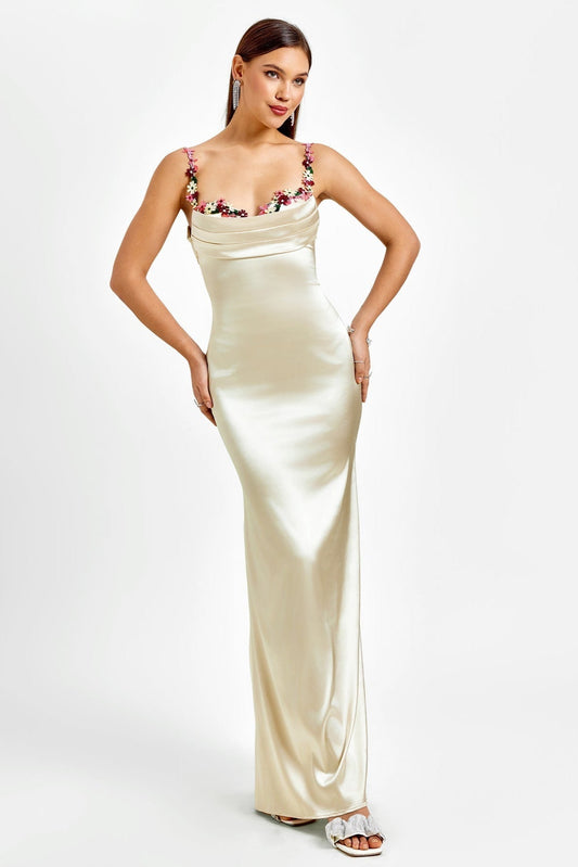 Ellalabel Embellished Strap Tie Back Satin Bodycon Dress in Ivory - Crafted from Glossy Silk Satin - Designed for Elegant Occasions.