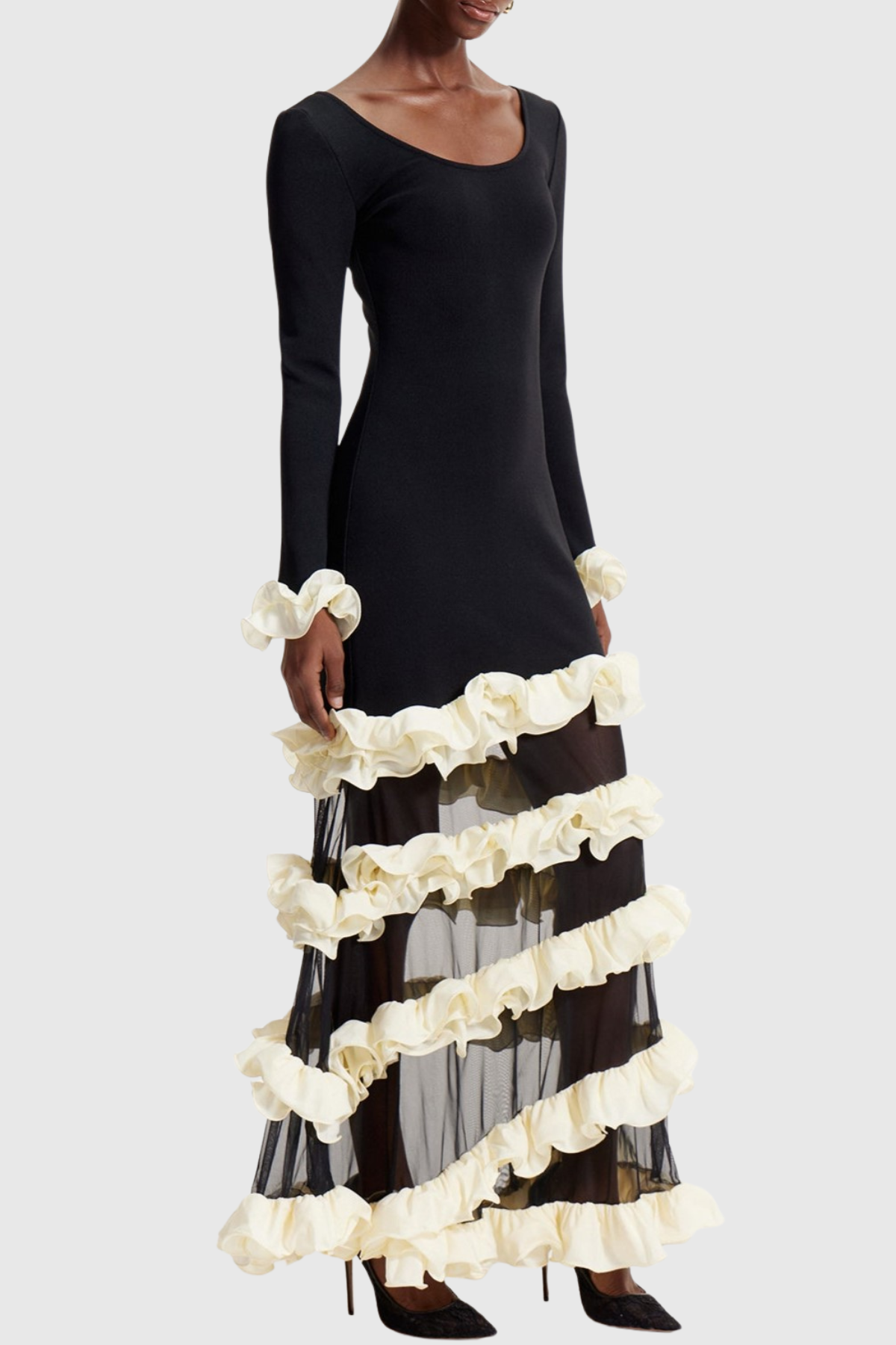 lorraine Ruffled Tiered Maxi Dress in black