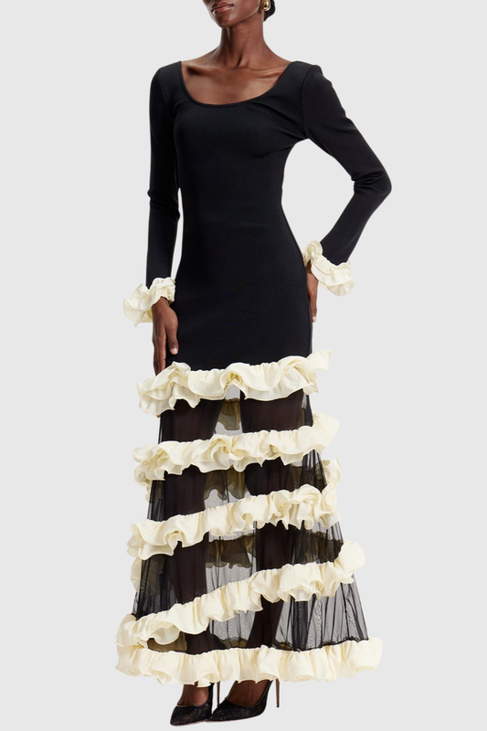 Ellalabel lorraine Ruffled Tiered Maxi Dress in black - Crafted from High-quality Fabrication- Ideal for Wedding Guest and Formal Galas.