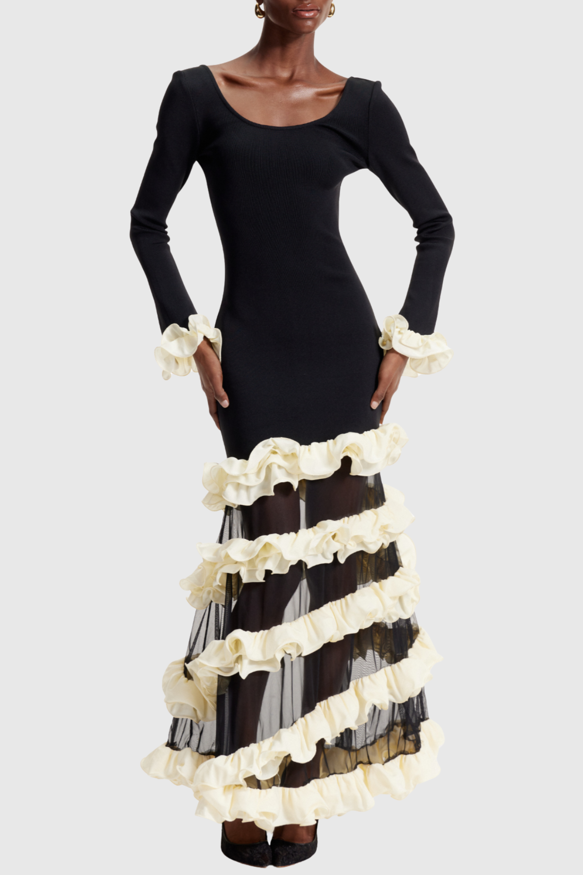 lorraine Ruffled Tiered Maxi Dress in black