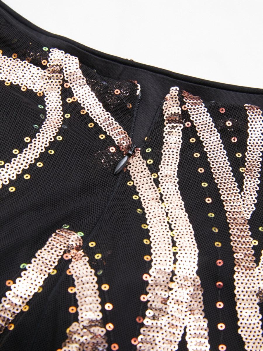 A-Line Long Sleeve Sequin Black Dress