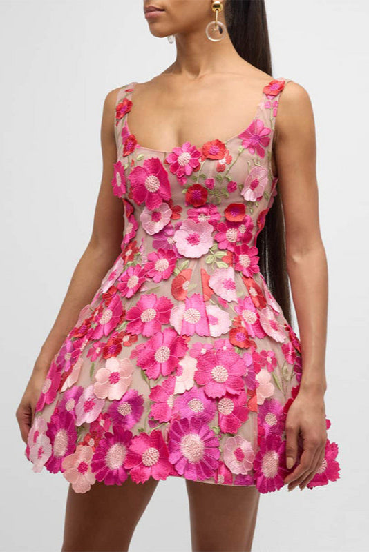 FLORAL embroidery MINI DRESS in rose red