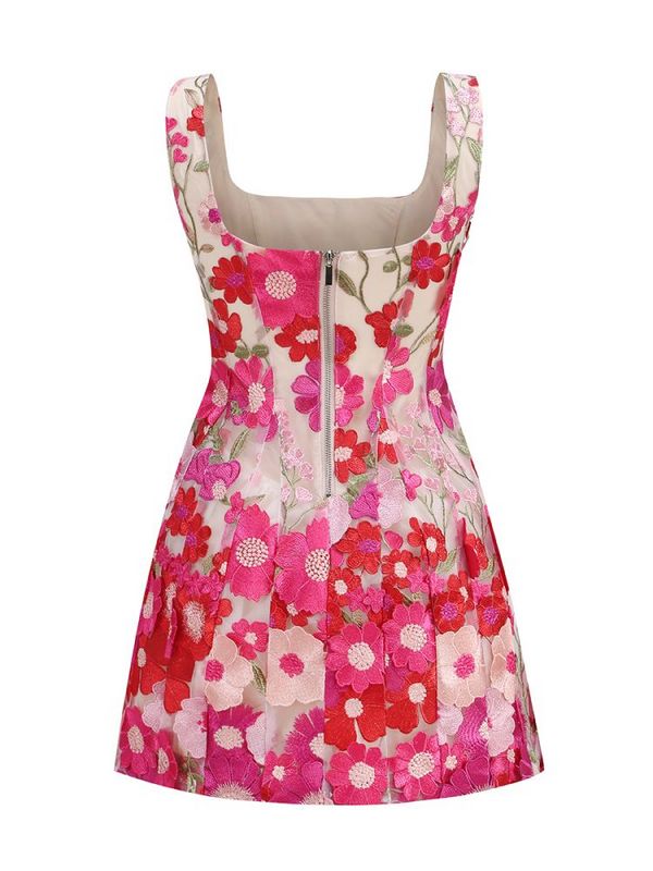 FLORAL embroidery MINI DRESS in rose red