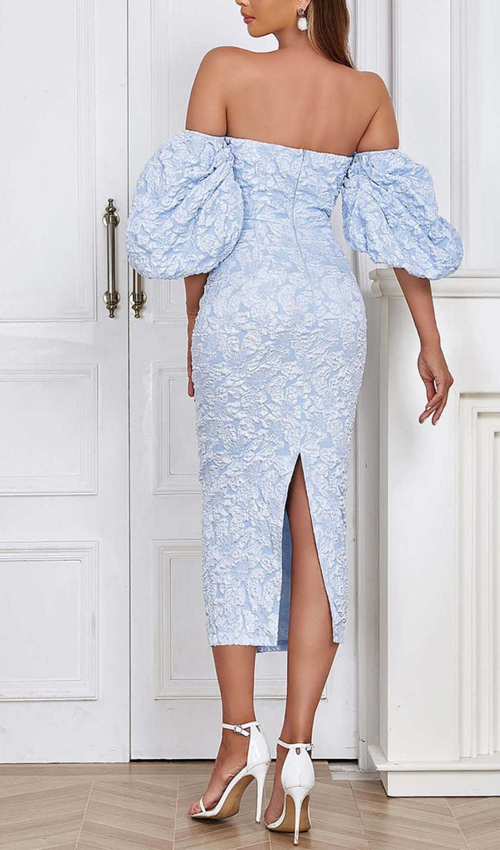maureen SKY blue Jacquard PUFF SLEEVE MIDI DRESS