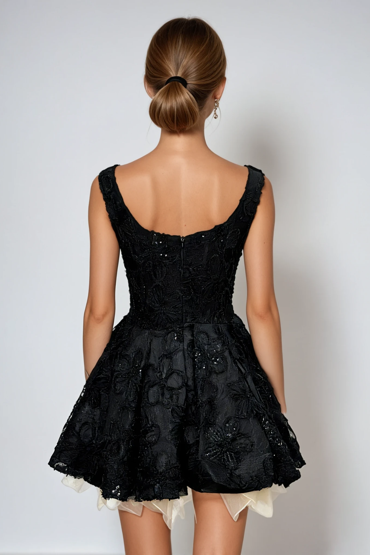 vanessa black floral embroidery sequin  puffy mini dress