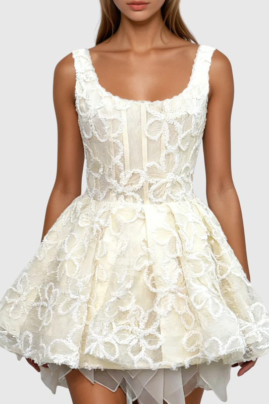 Ellalabel vanessa apricot floral embroidery sequin  puffy mini dress - Crafted from Shimmering Hand-stitched Sequins- Best for Cocktail Parties and Night Out.