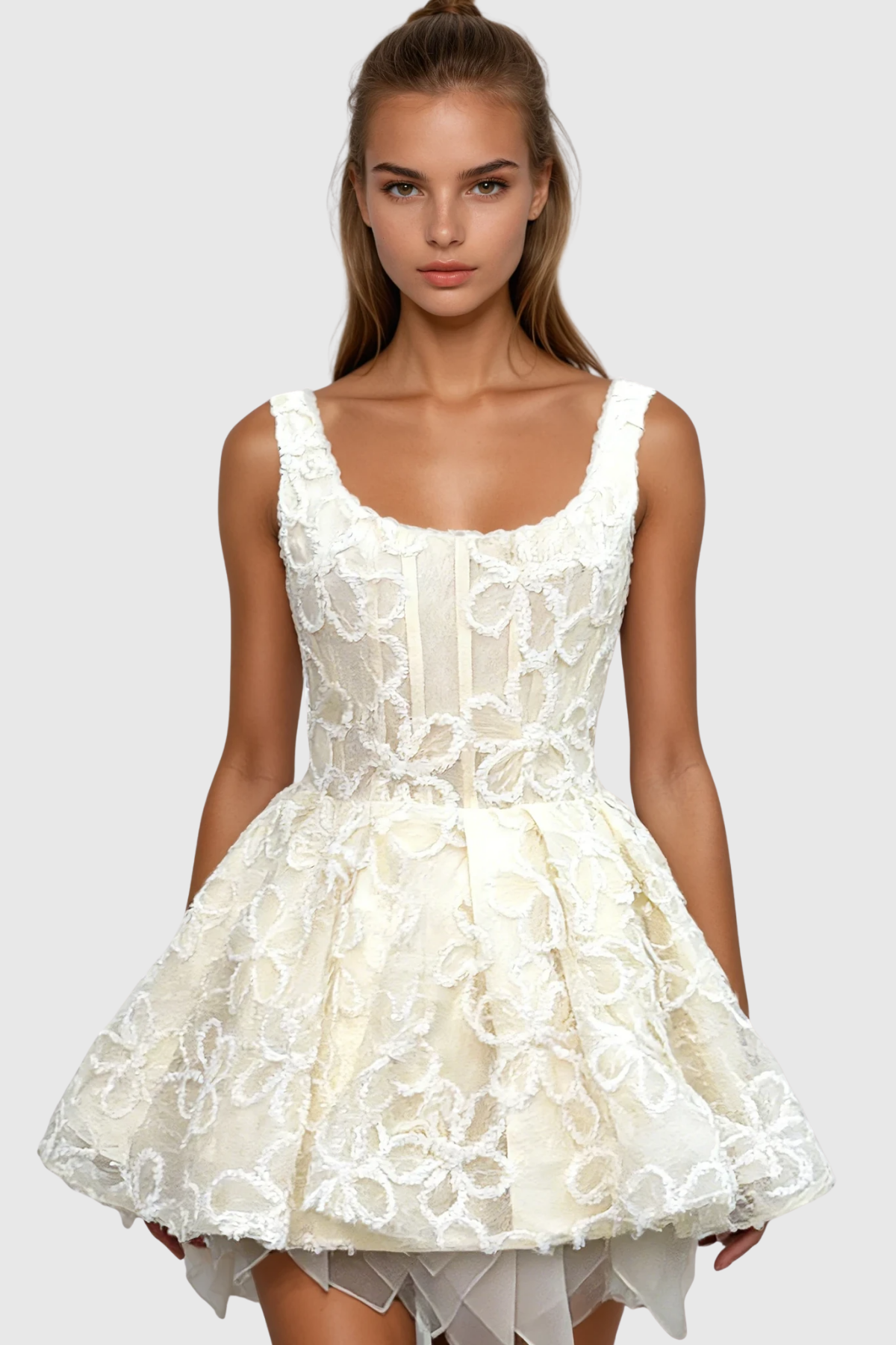 vanessa apricot floral embroidery sequin  puffy mini dress