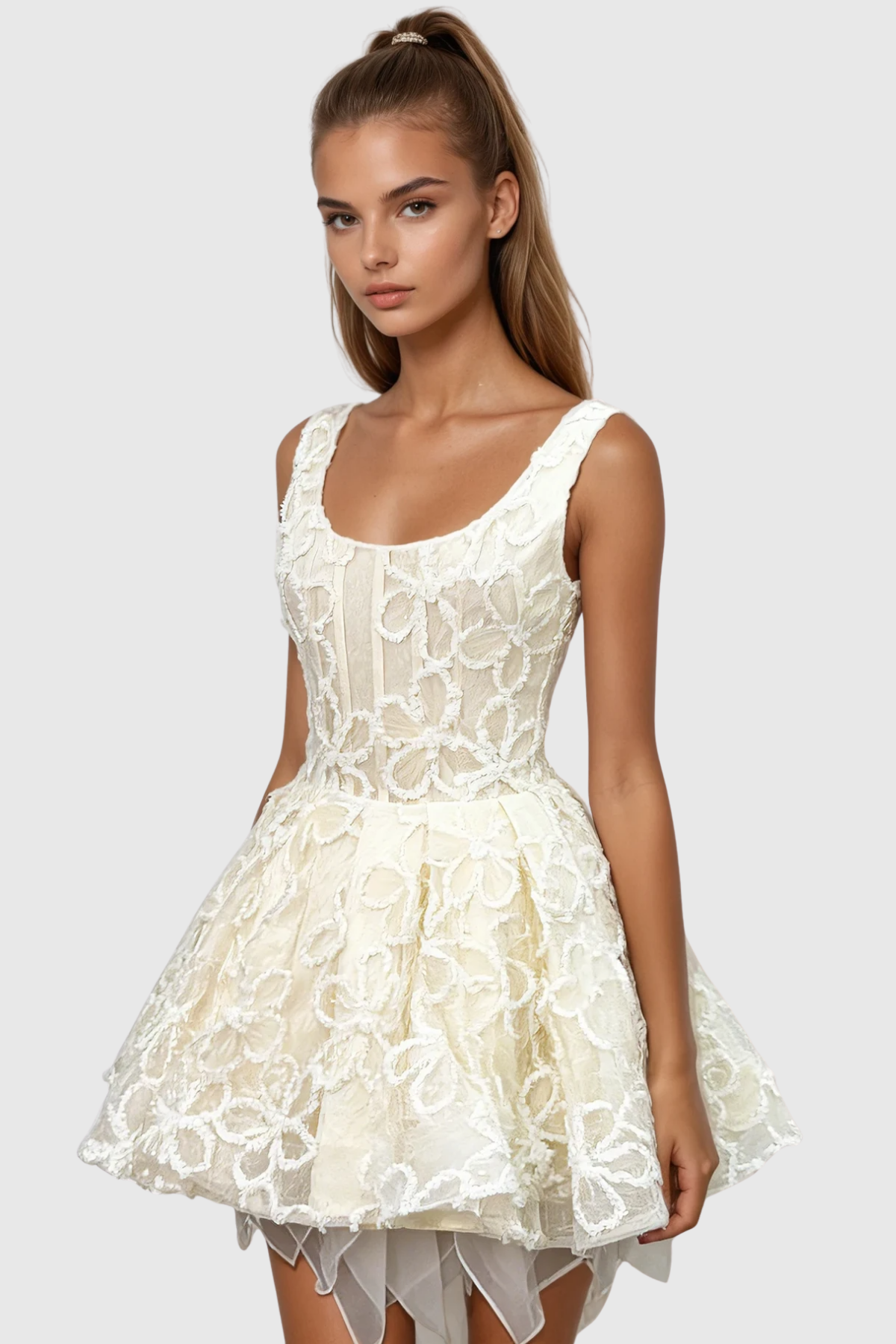 vanessa apricot floral embroidery sequin  puffy mini dress