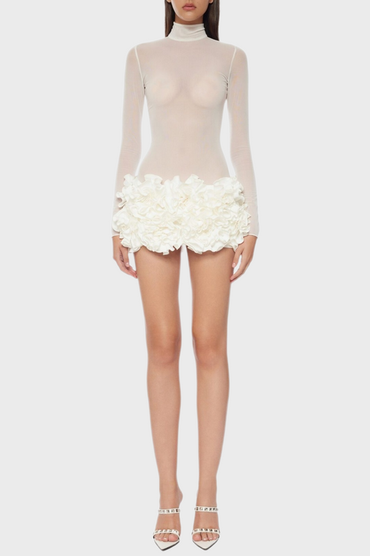 Ellalabel Fionna Floral Mesh Long Sleeve Mini Dress - White - Crafted from High-quality Fabrication- Best for Cocktail Parties and Night Out.