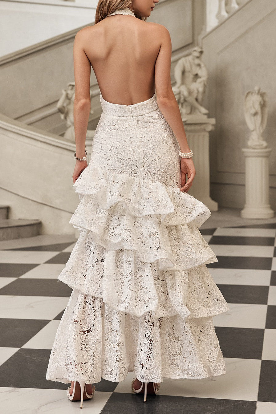 Meredith white Deep V-neck halterneck layer ruffle trim maxi dress