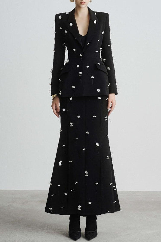 Ellalabel Gana Sequin Dot Trumpet Blazer - Black - Crafted from Shimmering Hand-stitched Sequins - Designed for Elegant Occasions.