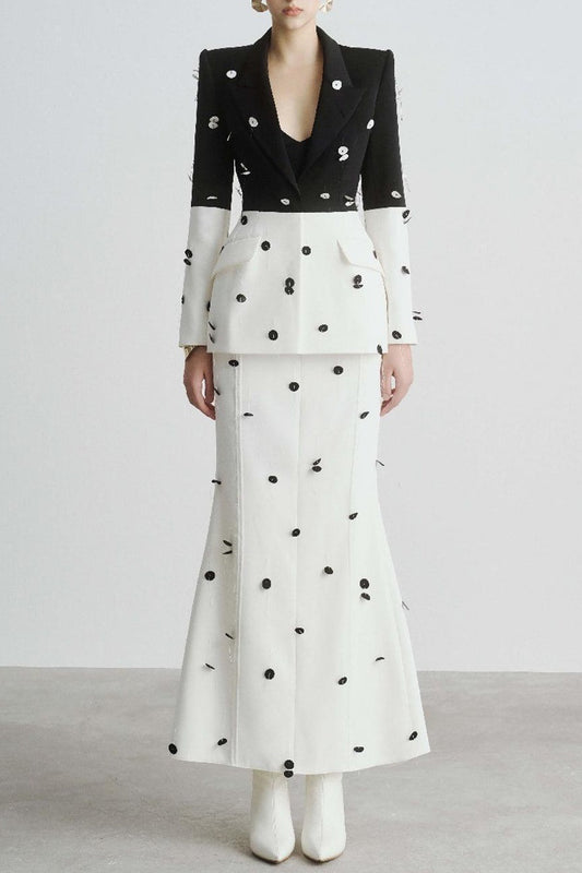 Ellalabel Gana Sequin Dot Trumpet Blazer - White - Crafted from Shimmering Hand-stitched Sequins - Designed for Elegant Occasions.