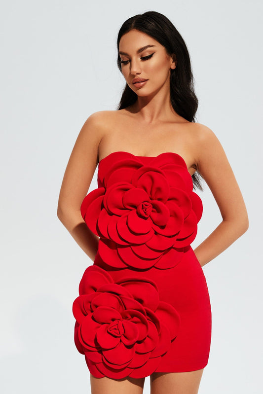 Ellalabel Hailey Floral Strapless Mini Dress in RED - Crafted from High-quality Fabrication- Best for Cocktail Parties and Night Out.