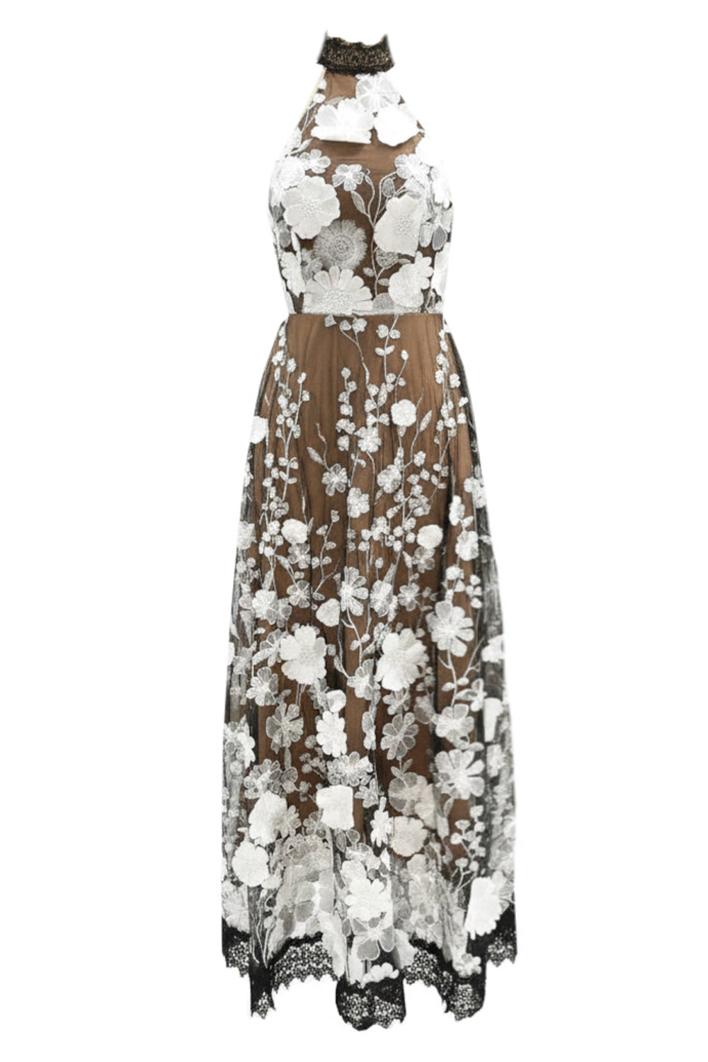 sylvia Halter Floral Black & White embroidery Maxi Dress