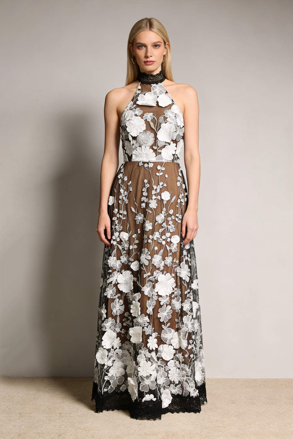 sylvia Halter Floral Black & White embroidery Maxi Dress