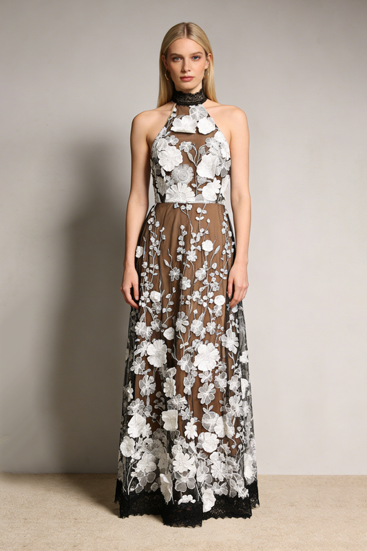 Ellalabel sylvia Halter Floral Black & White embroidery Maxi Dress in Floral - Crafted from High-quality Fabrication- Ideal for Wedding Guest and Formal Galas.
