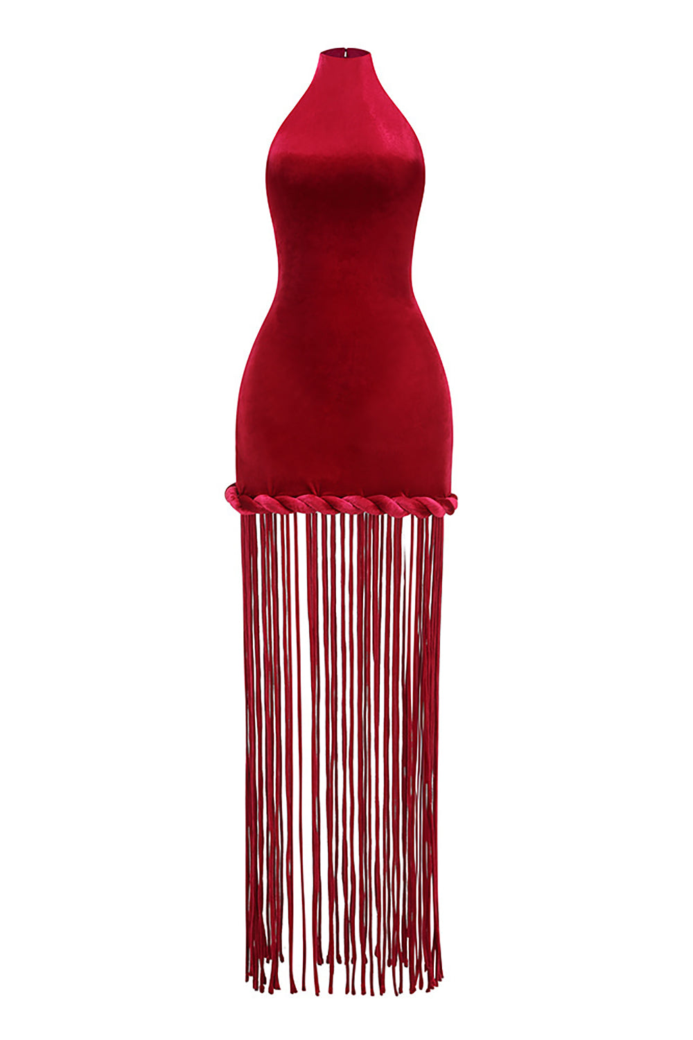 penny Halterneck Fringe Velvet Dress in Burgundy
