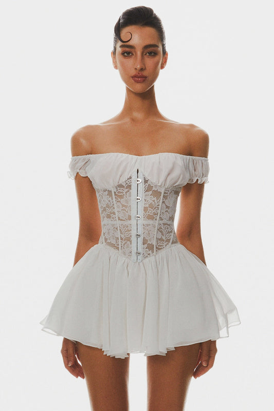Ellalabel Hathia Off Shoulder Lace Corset Mini Dress - Crafted from Intricate Lace Fabrication- Best for Cocktail Parties and Night Out.