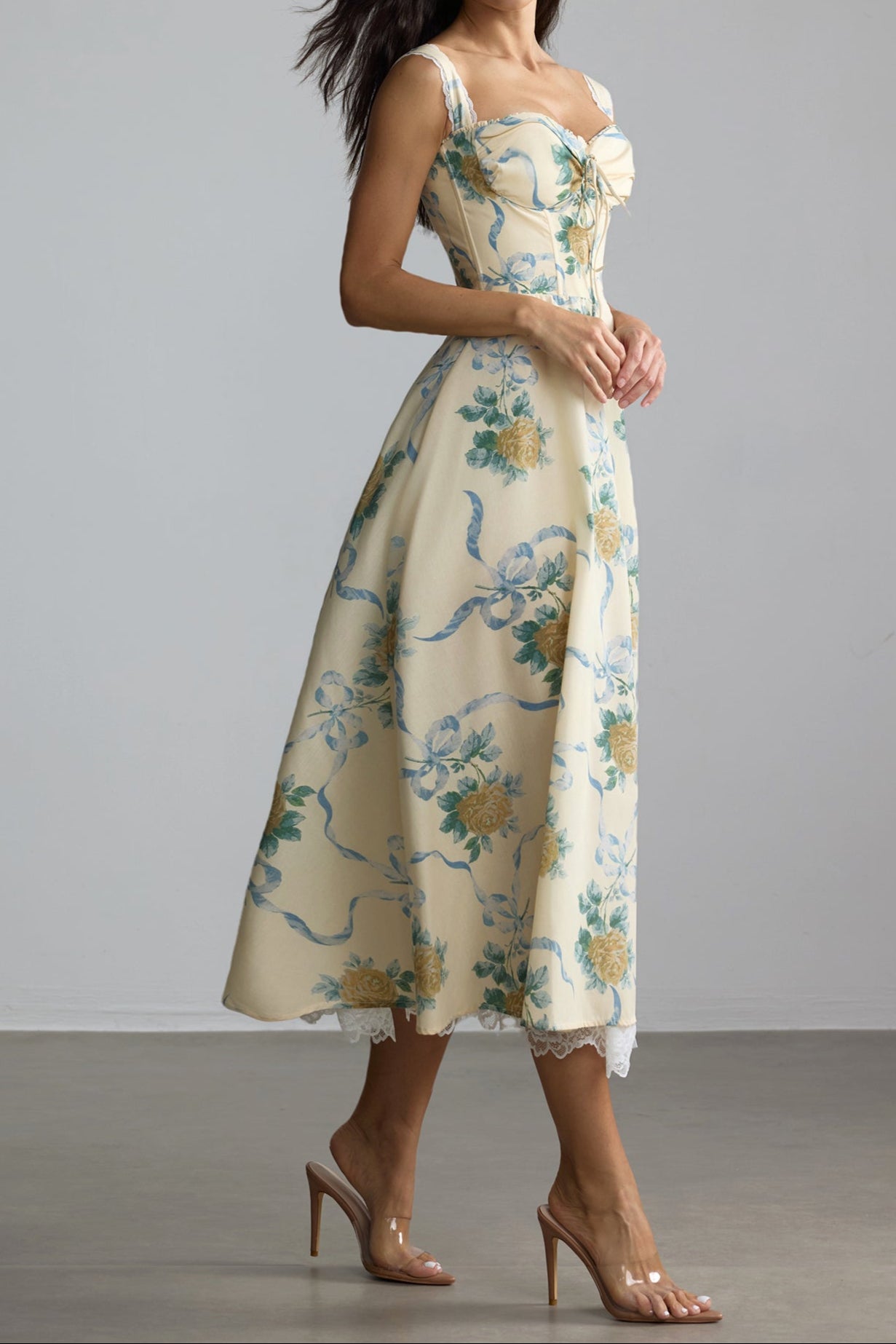 daphne Floral Print Sweetheart Midi Dress in yellow - Stylish yellow dress for special occasions | Buy Online