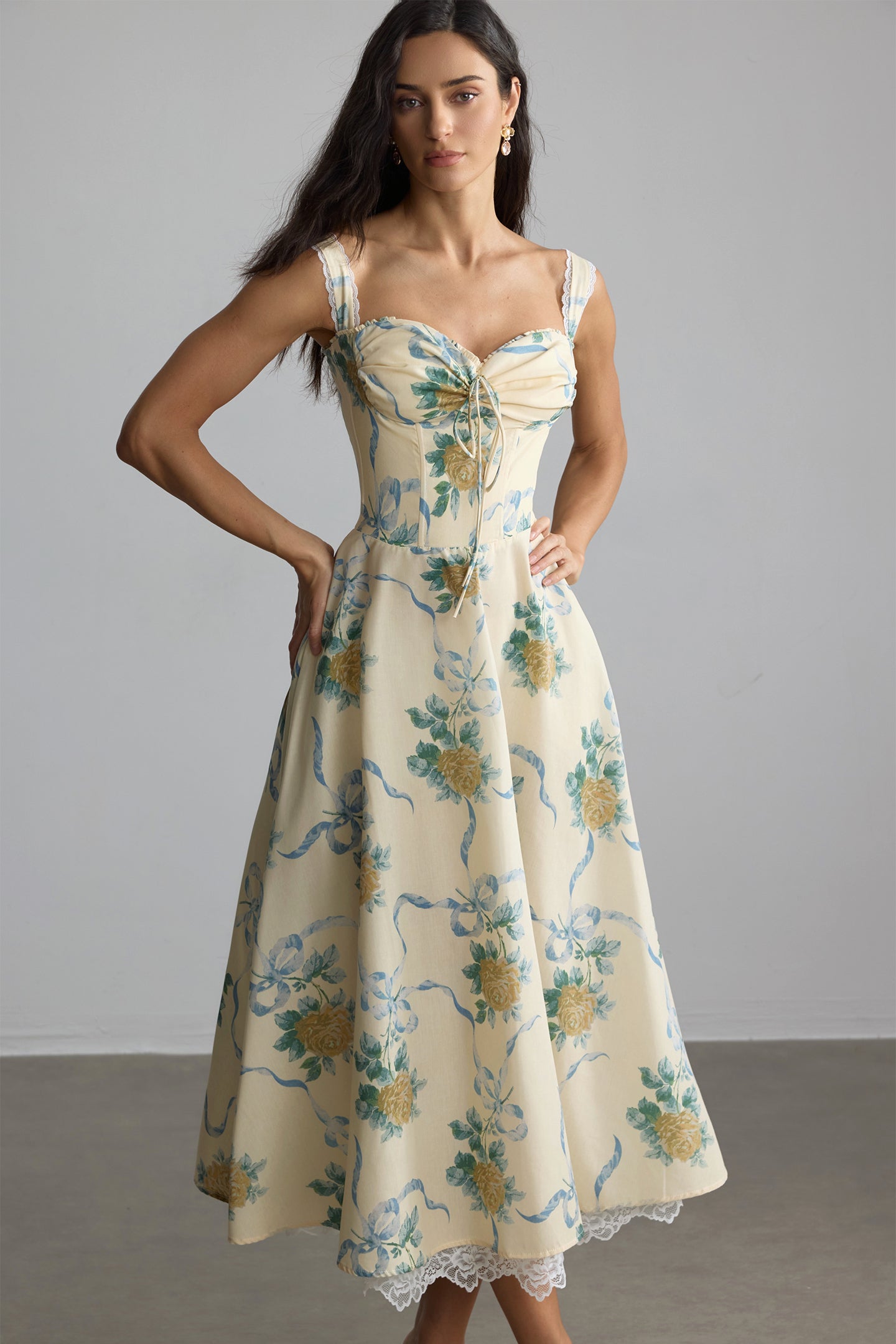 daphne Floral Print Sweetheart Midi Dress in yellow - Stylish yellow dress for special occasions | Buy Online