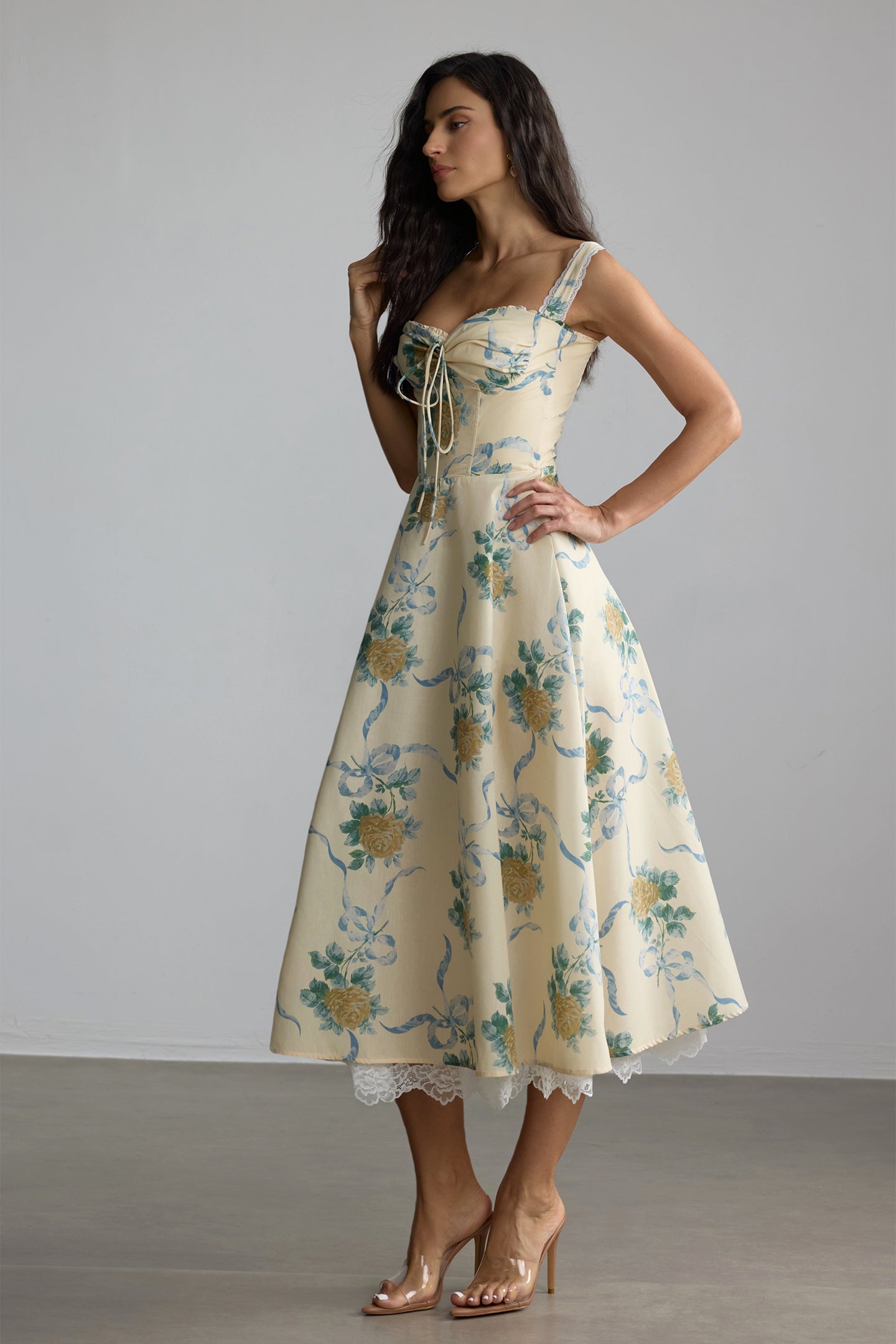 daphne Floral Print Sweetheart Midi Dress in yellow - Stylish yellow dress for special occasions | Buy Online