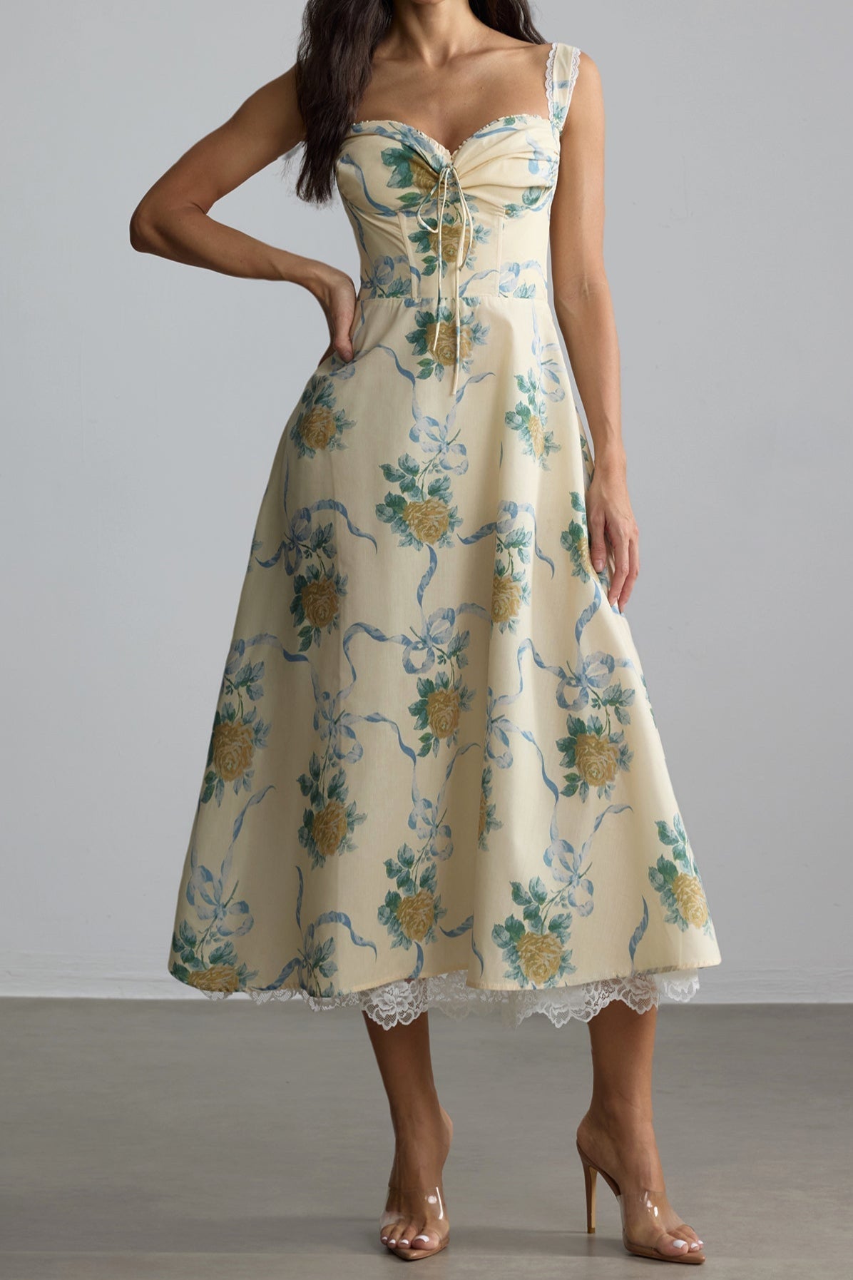 daphne Floral Print Sweetheart Midi Dress in yellow - Stylish yellow dress for special occasions | Buy Online